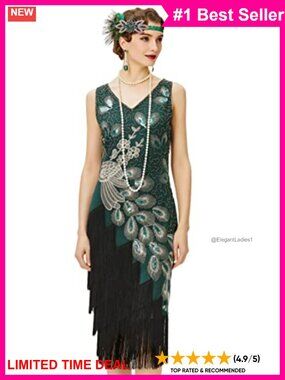 1920s Vintage Peacock Sequin Flapper Dress Fringe Midi Formal Prom